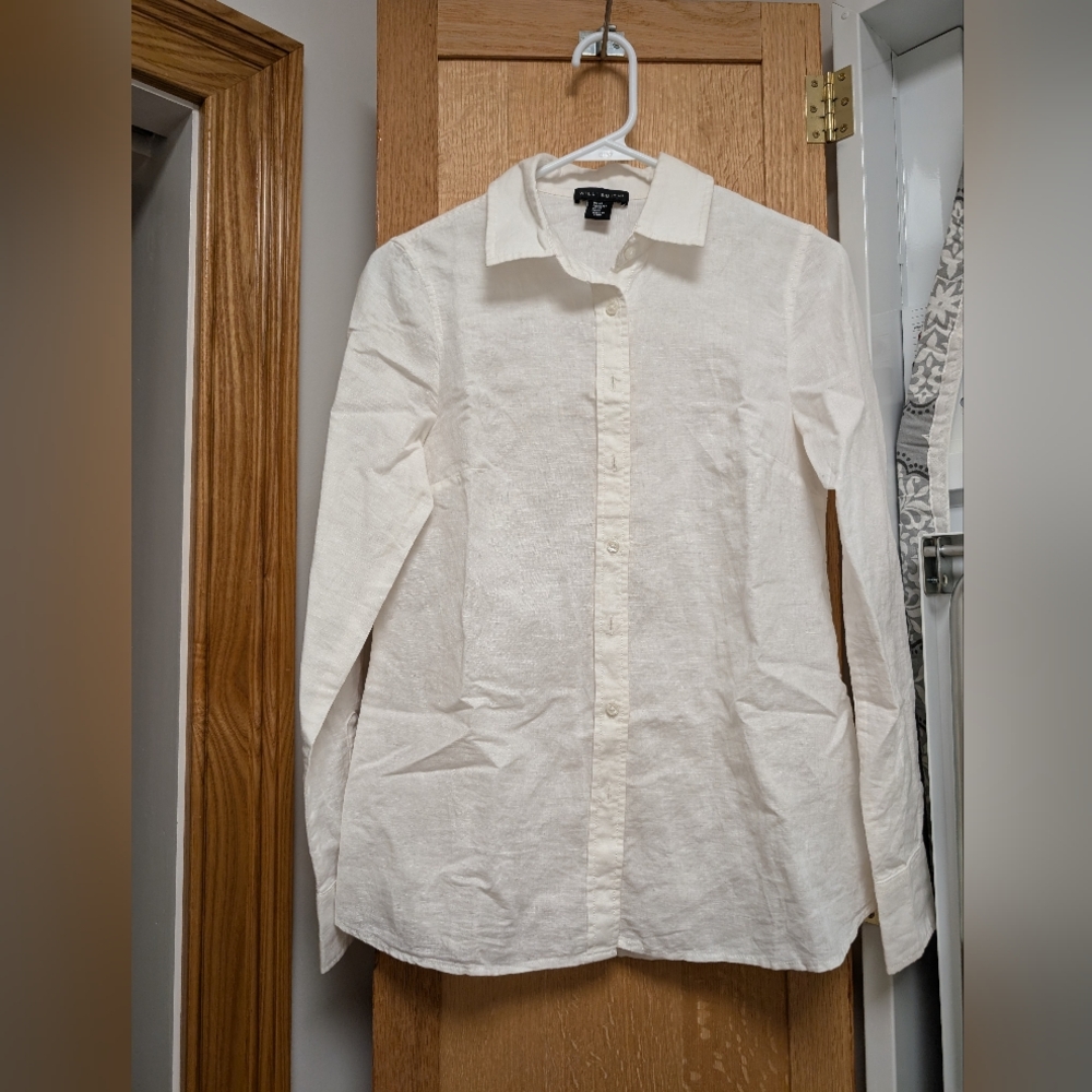 Linen and Cotton Blend Long Sleeve White Blouse - Extra Small (XS)